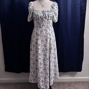 white and blue flowers flowy maxi dress